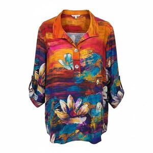 John Mark Womens 2X Abstract Floral Collared Shirt Top Roll Tab Sleeves NEW
